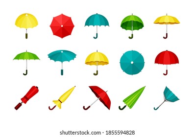 Umbrellas set. Folded and unfolded modern automatic and retro convenient green protection rain and sun yellow meteorological instrument from bad weather domed and flat structure. Vector collection.