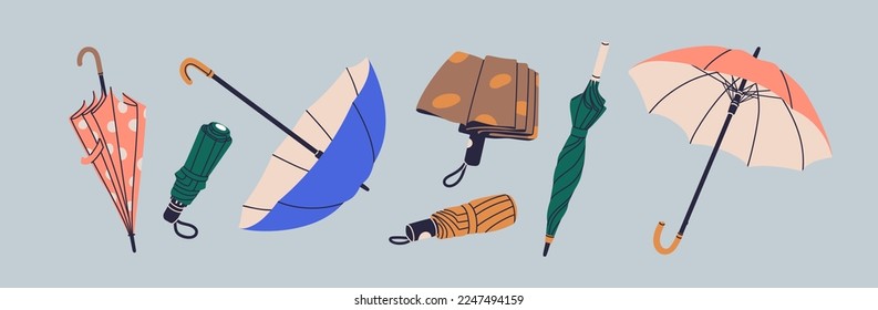 Umbrellas set, open and folded closed rain protection accessories. Automatic, manual, compact and long walking canopies. Different parasols types for rainy weather. Isolated flat vector illustrations