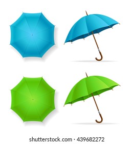 Umbrellas Set Top and Front View Isolated on White Background. Blue and Green. Vector illustration