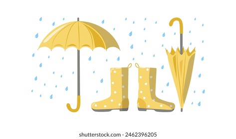 Umbrellas, shoes, rubber boots. Yellow. Bright umbrella and raindrops. Open umbrella, closed umbrella. Rain season. Rainy weather, drop of water. Flat style. Vector illustration, isolated background.