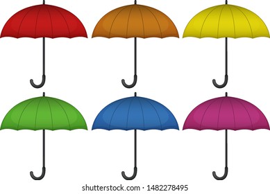 Regenschirme in sechs verschiedenen Farben auf weißem Hintergrund, Vektorgrafik
