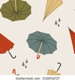 Paraguas en diferentes posiciones. Patrones cuadrados sin costuras. Fondo colorido, fondo de pantalla. Ilustraciones vectoriales.