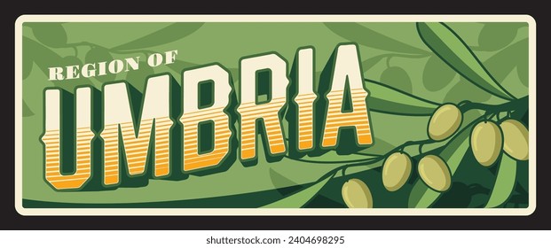 Umbria Italian province vintage plate and sticker, vector tin sign. Italy cities entry sing or car number plate. Lake Trasimeno and Marmore Falls signboard, tourist destination