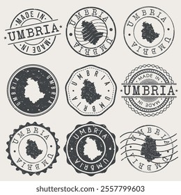 Umbria, Italy Set of Stamps. Country Travel Marks. Made In Product. Design Seals Old Style Insignia.