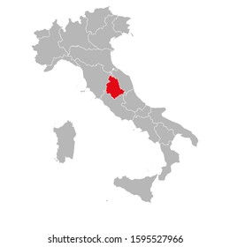 Umbria province marked red on italy map. Gray background. Italian political map.
