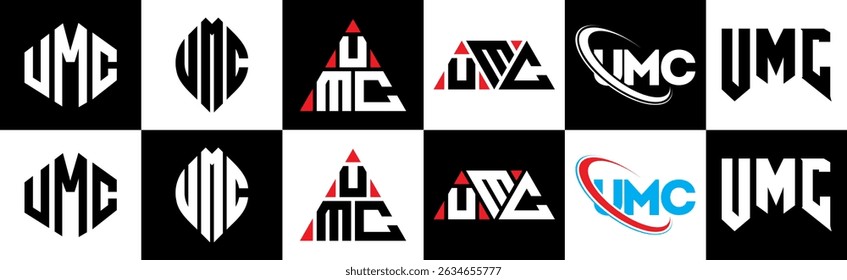 UMC letter logo design in six style. UMC polygon, circle, triangle, hexagon, flat and simple style with black and white color variation letter logo set in one artboard. UMC minimalist and classic logo