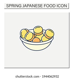 Ume color icon.Salted Japanese plums.Umeboshi fruit into bowl.Spring Japanese food concept. Isolated vector illustration