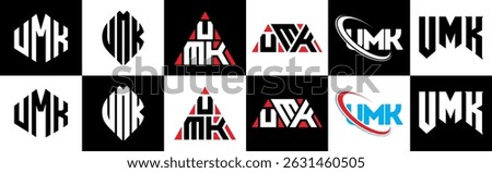 UMK letter logo design in six style. UMK polygon, circle, triangle, hexagon, flat and simple style with black and white color variation letter logo set in one artboard. UMK minimalist and classic logo