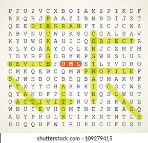 UML - Unified Modeling Language vector background illustration as word search puzzle with highlighted keywords