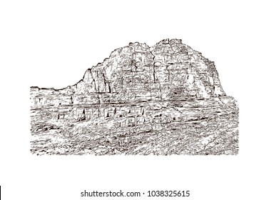 umm al biyara trail petra, Jordan. Hand drawn sketch illustration in vector.