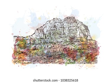 umm al biyara trail petra, Jordan. Watercolor splash with Hand drawn sketch illustration in vector.