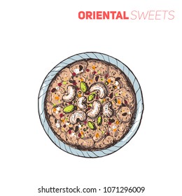 Umm ali dessert vector illustration. Om ali traditional dessert. Middle eastern food.
