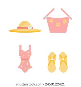 ummer set featuring beach wear items, 'Hello Summer' theme, in a simple style, pastel colors, and doodle designs, suitable for printing and design.