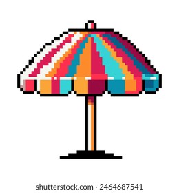 Icono de vacaciones de verano de sombrilla, sombrilla de playa en diseño de arte pixel aislado sobre fondo transparente, 80-90, estilo de juego vintage digital.