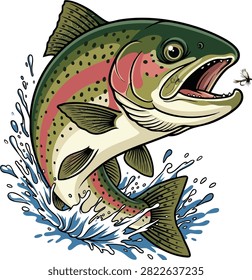 umping Rainbow Trout with dry fly vector illustration. Wild fish and water splash. Fishing sport logo.

