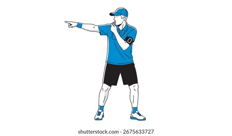 An umpire or referee blowing a whistle and pointing with his finger.