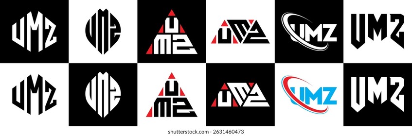 UMZ letter logo design in six style. UMZ polygon, circle, triangle, hexagon, flat and simple style with black and white color variation letter logo set in one artboard. UMZ minimalist and classic logo