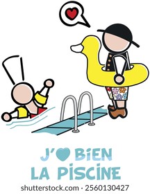 Un breton au bord d'une piscine et une bretonne dedans. 