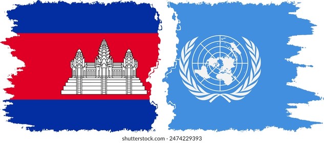 UN and Cambodia grunge flags connection, vector