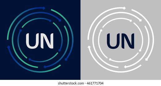 UN design template elements in abstract background logo, design identity in circle, letters business logo icon, blue/green alphabet letters, simplicity graphics