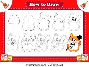 un and easy-to-follow step-by-step tutorial for kids to learn how to draw a charming hamster character tipping his cylinder hat and holding a walking stick.

