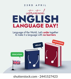 UN English language day. 23 April English language day banner with cute books icon with UK flag and text written in its colours. Making English a universal language with no barriers to communicate. 