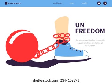 Un freedom - colorful flat design style banner with linear elements. Composition with leg of a man in sneaker, chained and iron ball. Slavery and captivity, problems with the law and punishment