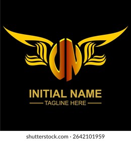 UN Golden Wing Emblem Logo with elegant gold wings, sleek and modern design. Ideal for branding, creative projects, luxury businesses, or artistic ventures.