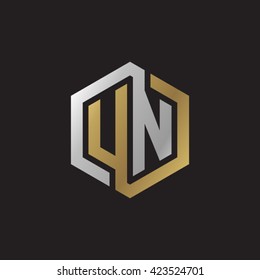 UN initial letters looping linked hexagon elegant logo golden silver black background