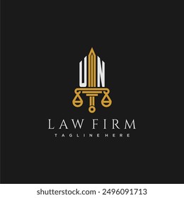 UN initial monogram for lawfirm logo with sword and scale