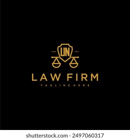 UN initial monogram for lawfirm logo with scales and shield luxury image