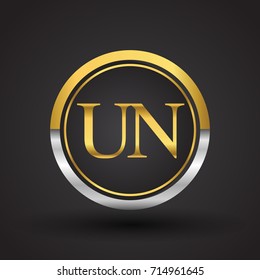 UN Letter logo in a circle, gold and silver colored. Vector design template elements for your business or company identity.