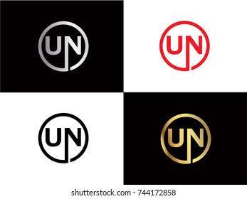 UN Letter logo Design in a circle. Blue Red and silver colored

