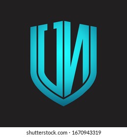 UN Logo monogram with emblem shield design isolated with blue colors on black background