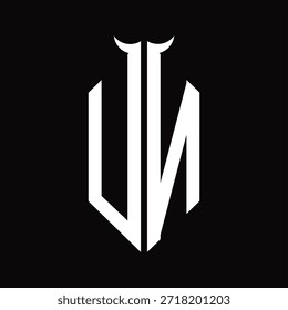 Monograma do logotipo da ONU com forma de chifre isolado modelo de design preto e branco sobre fundo preto