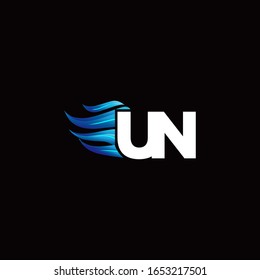UN monogram logo with blue fire style design template