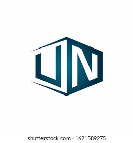 UN monogram logo with hexagon shape and negative space style ribbon design template