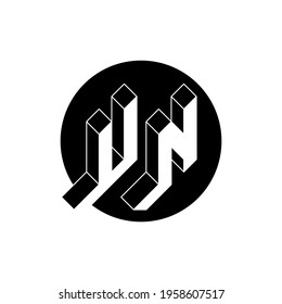 UN - monogram or logotype. Volume alphabet. Three-dimension letters U and N on a round substrate. Isometric 3d font for design.