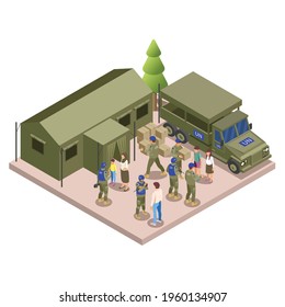 UN peacekeepers assist refugee camps with security measures vital goods supply humanitarian aid isometric composition vector illustration