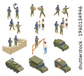 UN peacekeepers soldiers military officers providing humanitarian assistance using drones armed convoy vehicles isometric set vector illustration