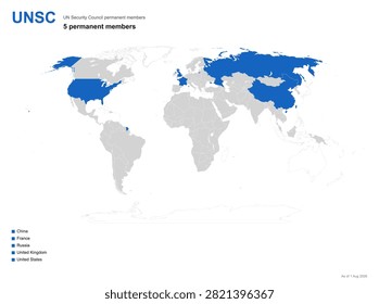UN Security Council permanent members UNSC world map with member states highlighted infographic vector