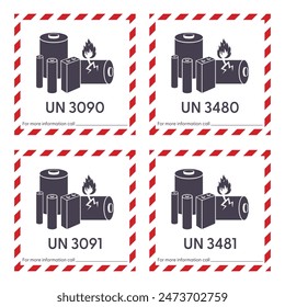 UN3090, UN3091, UN3480, UN3481 lithium ion battery shipping labels vector set