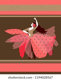 Una Noche de Flamenco (spanish text " Flamenco Night "). Template of flyer, poster, invitation card. Beautiful dancer girl dressed in puff skirt costume standing in dance pose. 