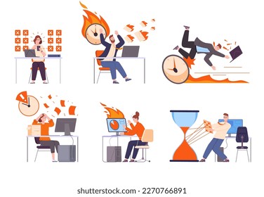 Unability of planning. Unable tasks inefficient plan time work, fail projects lazy people on computer stressful process organized tasking tools, vector illustration of inefficient task and planning