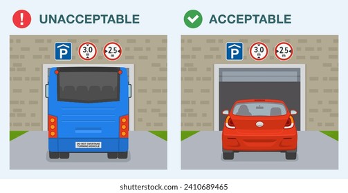 Altura inaceptable y aceptable del coche, anchura para entrar en el garaje de estacionamiento. Vista posterior de un bus y un auto sedán entrando al garaje. Plantilla de ilustración vectorial plana.