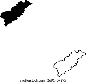 Unadorned graphic displaying a geographical form as a solid black shape and its exact perimeter in outline form.