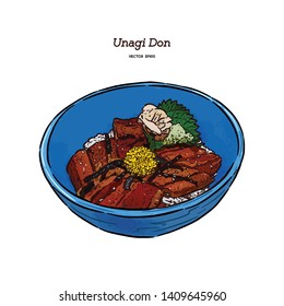 Unagi Donburi. Japanese cuisine, grilled eel with sweet sauce . Hand draw sketch vector.