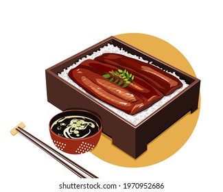 Unagi Kabayaki Japanese Ele Grilled with sweet sauce in bento box with soup and chopsticks. Isolated Unagi bento on white background. Asian Food drawing vector illustration  