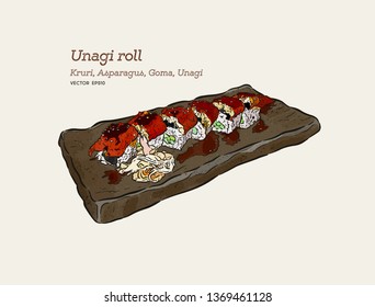 Unagi roll -Kruri,Asparagus, Goma and unagi. hand draw sketch vector. 