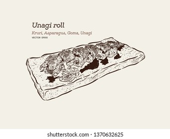 Unagi roll -Kruri,Asparagus, Goma and unagi. hand draw sketch vector. 